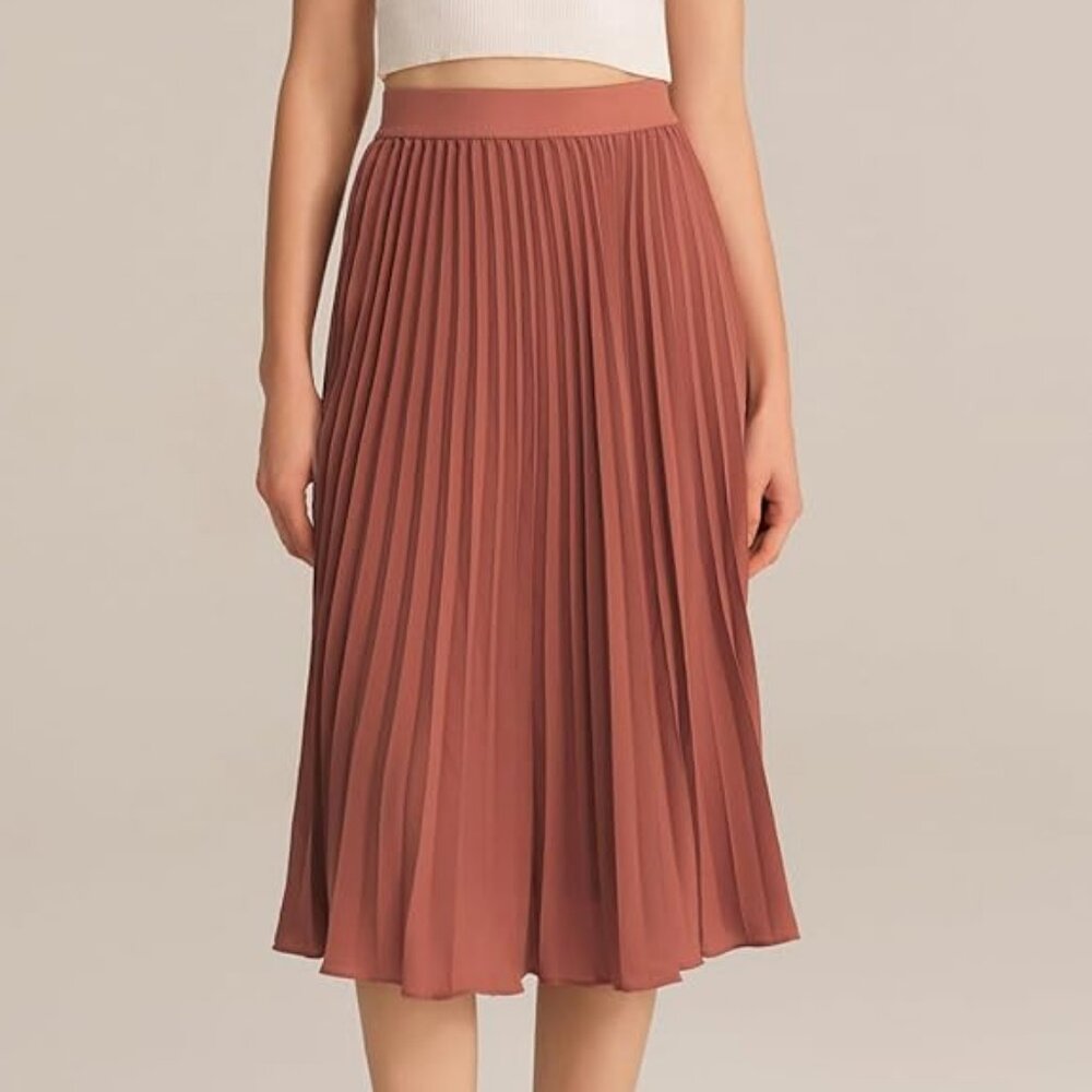 A-Line Skirt High Waisted Midi Pleated - Orange Brown